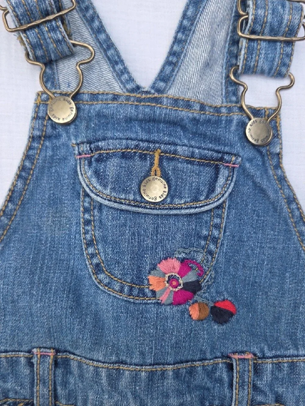 OshKosh B'gosh Blue Denim Overall Dress with Floral Accent (24 Mo)